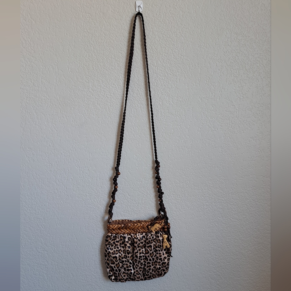 Leapord Print Wooden Beads Straw Crossbody Bag Purse